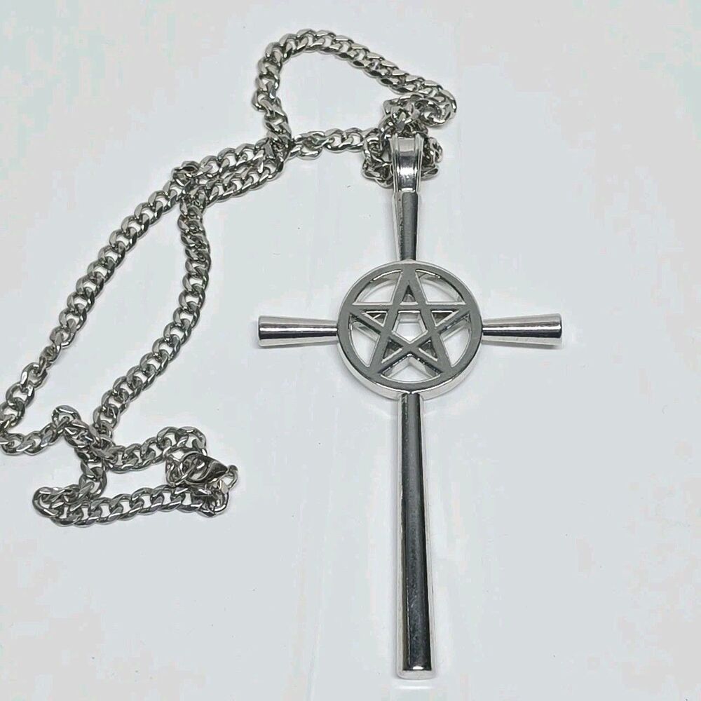 Witch's Cross With Pentagram Star Silver Tone Metal Necklace Goth Halloween